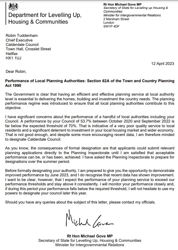 Letter from Minister to Calderdale Council Chief Executive